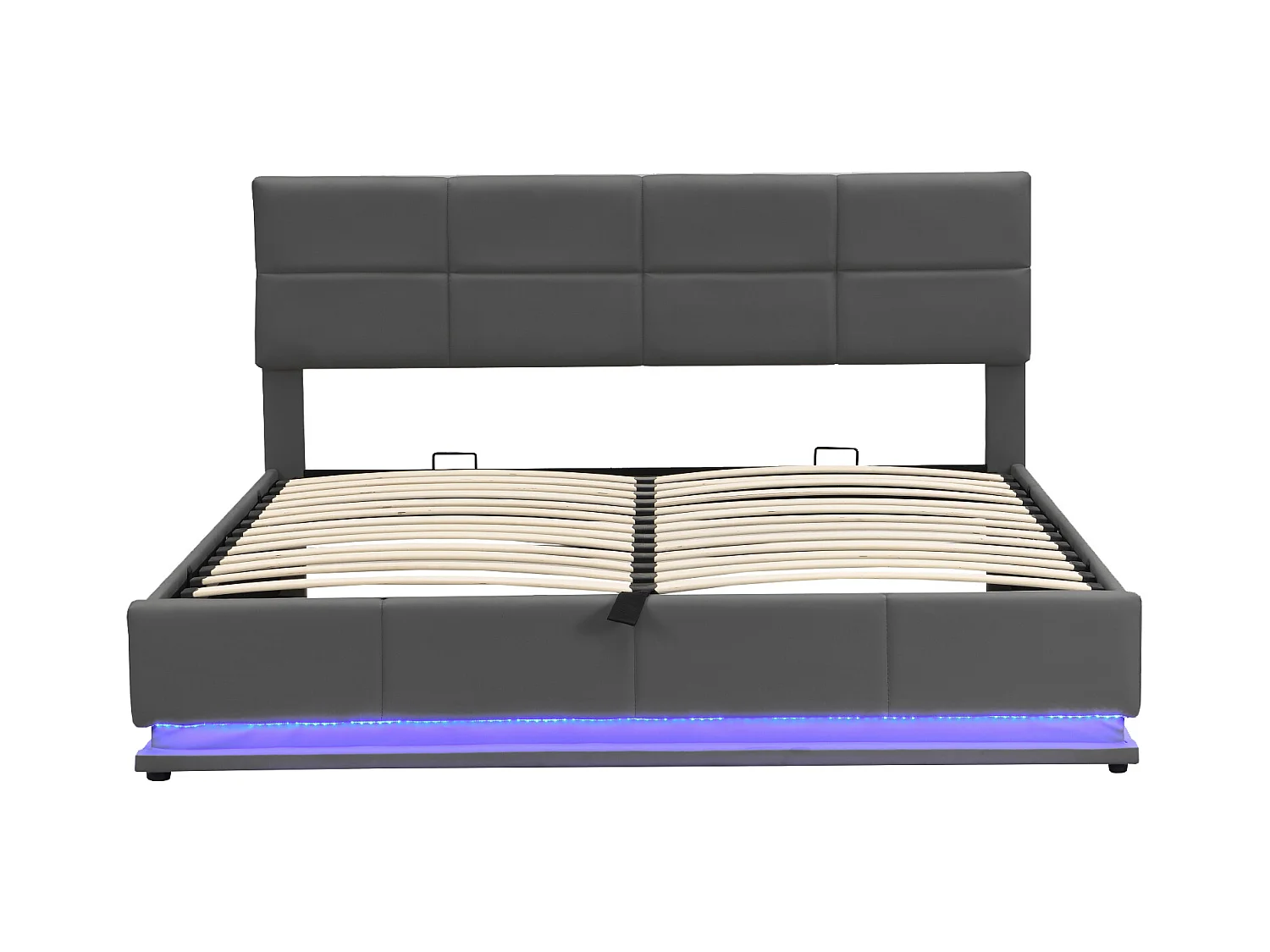 Lit rembourré 180x200 cm avec éclairage LED et espace de rangement hydraulique, cadre en simili cuir gris