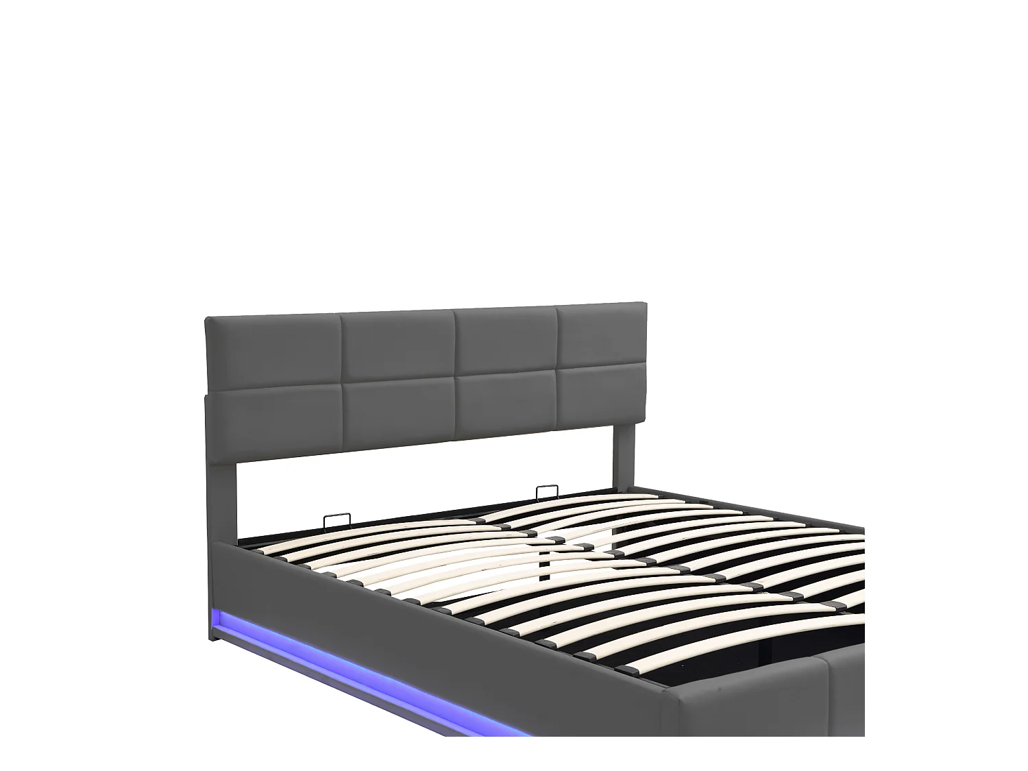 Lit rembourré 180x200 cm avec éclairage LED et espace de rangement hydraulique, cadre en simili cuir gris