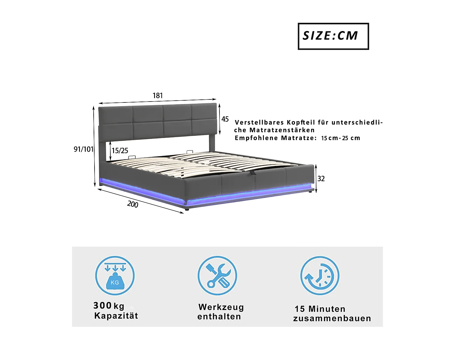 Lit rembourré 180x200 cm avec éclairage LED et espace de rangement hydraulique, cadre en simili cuir gris