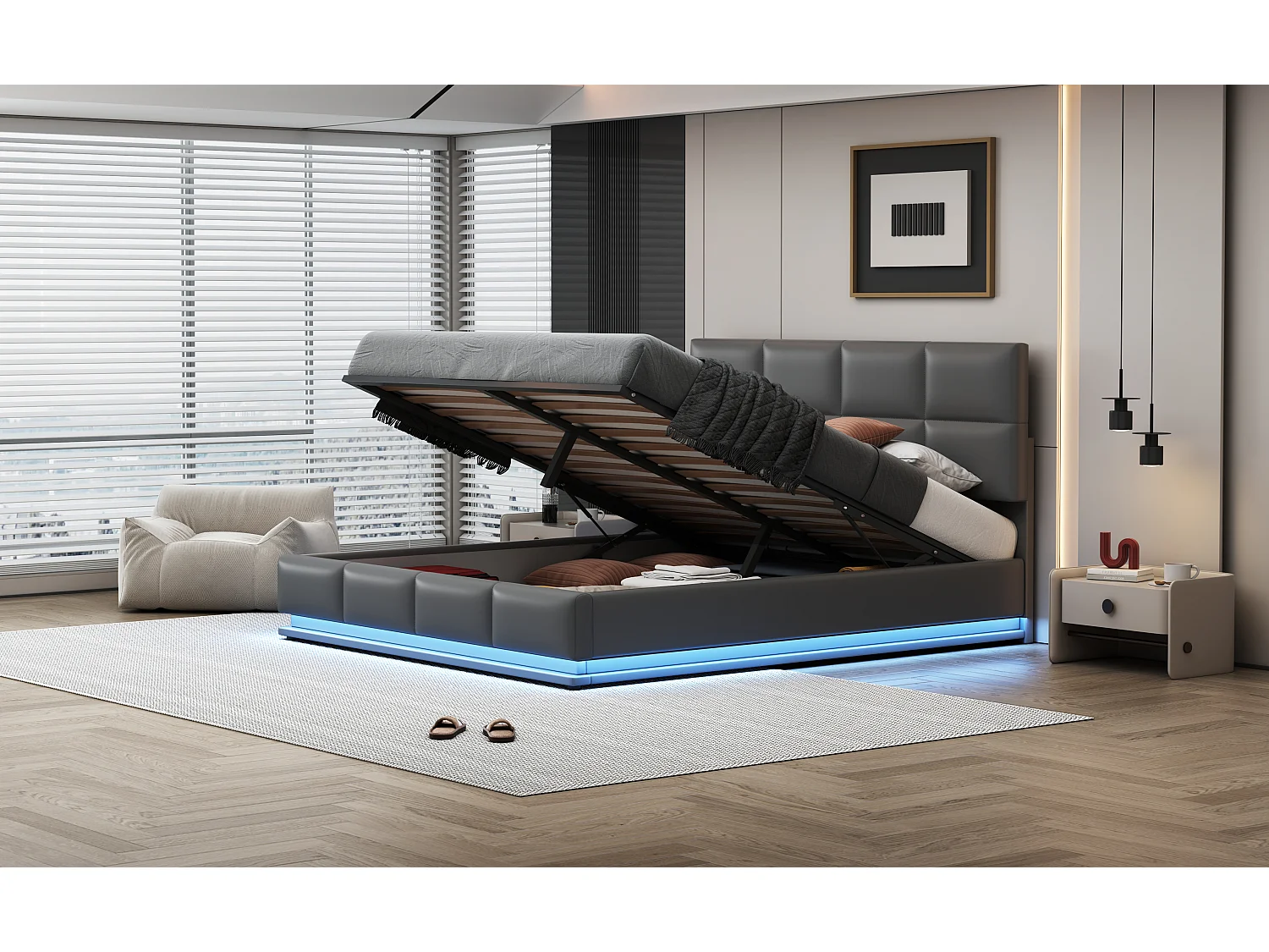 Lit rembourré 180x200 cm avec éclairage LED et espace de rangement hydraulique, cadre en simili cuir gris