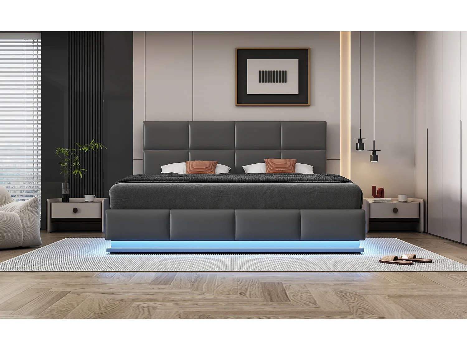 Lit rembourré 180x200 cm avec éclairage LED et espace de rangement hydraulique, cadre en simili cuir gris