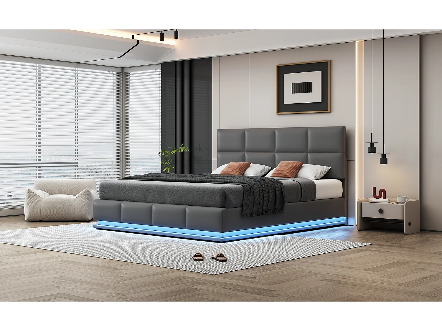 Lit rembourré 180x200 cm avec éclairage LED et espace de rangement hydraulique, cadre en simili cuir gris