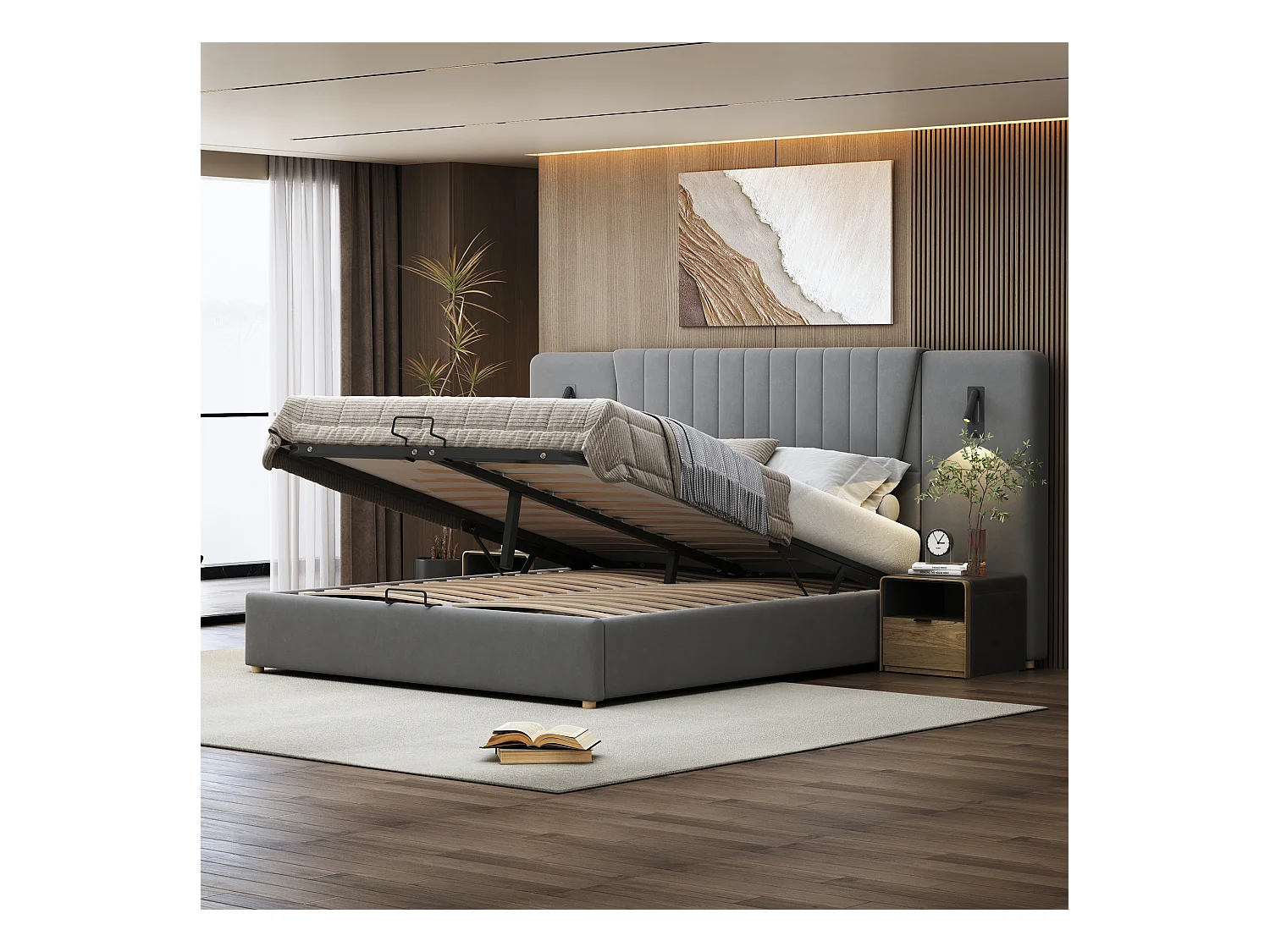 Lit rembourré 180×200 cm, avec dossier extra long, lampes de lecture pivotantes et port USB