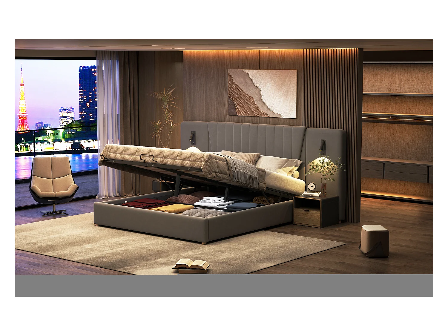 Lit rembourré 180×200 cm, avec dossier extra long, lampes de lecture pivotantes et port USB