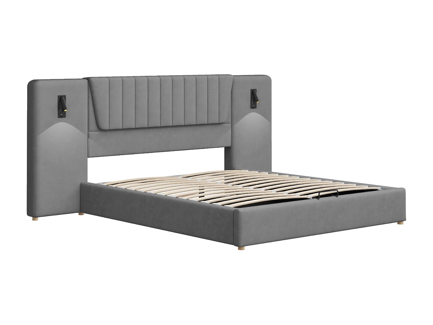 Lit rembourré 180×200 cm, avec dossier extra long, lampes de lecture pivotantes et port USB