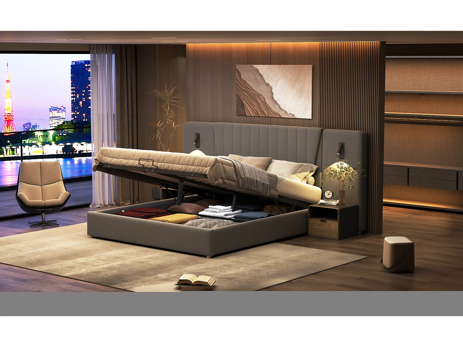 Lit rembourré 180×200 cm, avec dossier extra long, lampes de lecture pivotantes et port USB