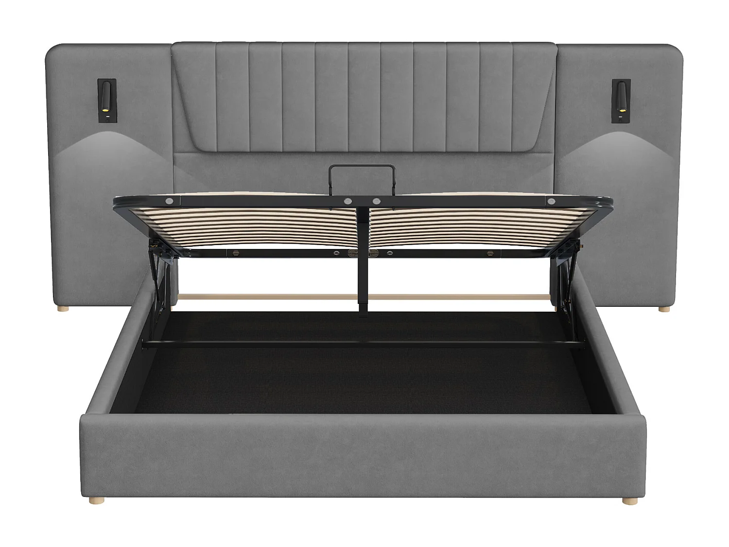 Lit rembourré 180×200 cm, avec dossier extra long, lampes de lecture pivotantes et port USB