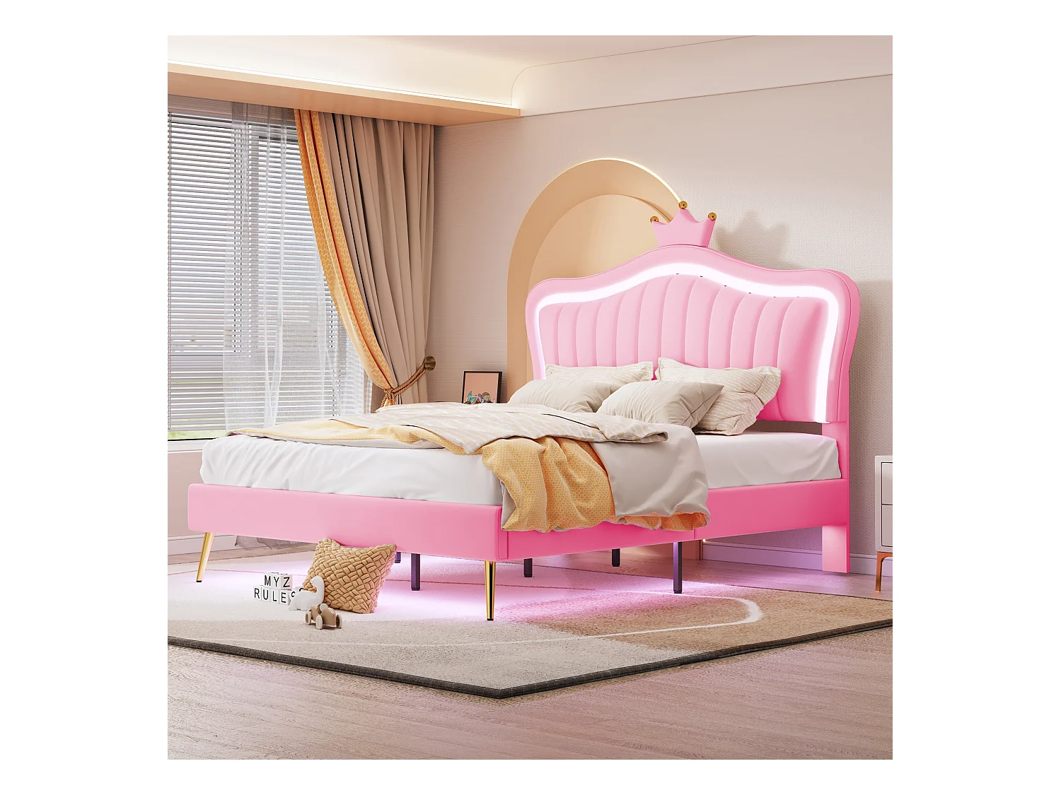 Lit rembourré 140x200 cm pour fille, lit couronne rose en PU cuir avec LED, sommier et tête, matelas non inclus
