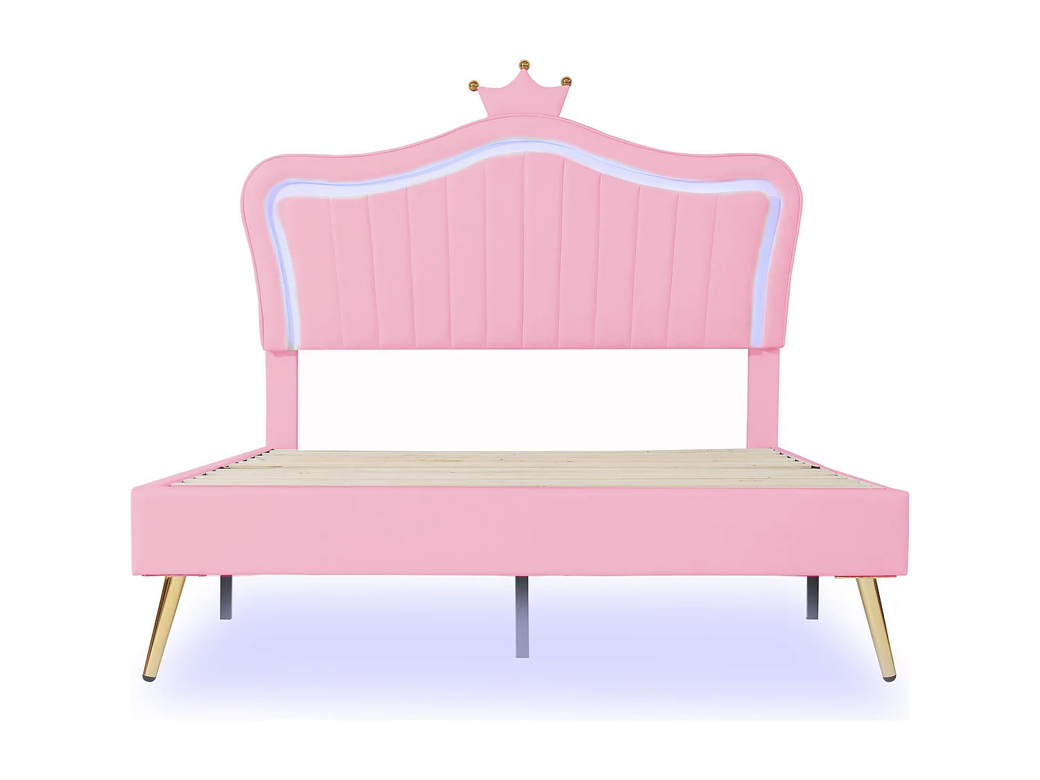 Lit rembourré 140x200 cm pour fille, lit couronne rose en PU cuir avec LED, sommier et tête, matelas non inclus