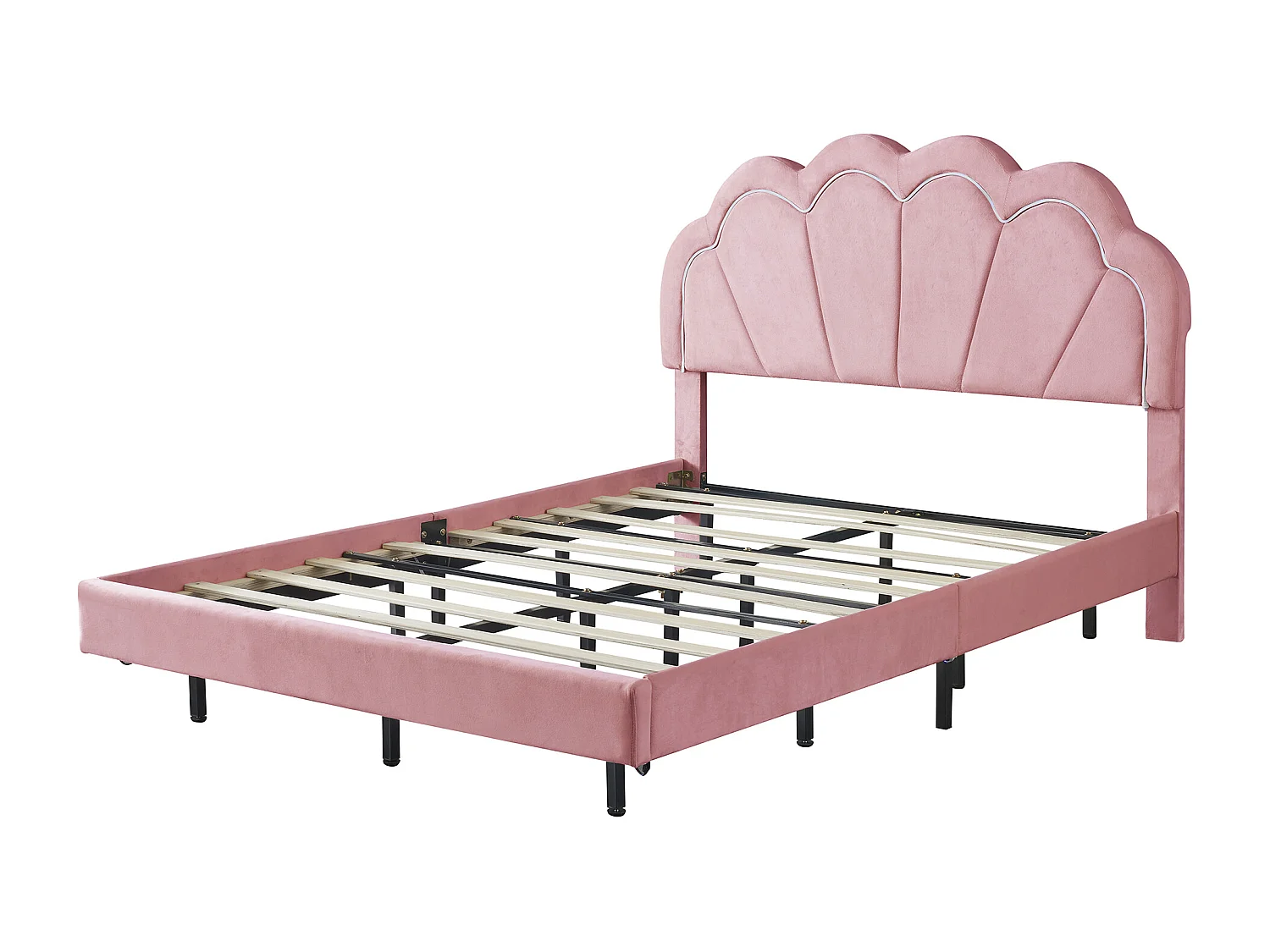 Lit rembourré 140x200 cm avec cadre flottant, LED intégrées, tête de lit design, velours rose, fonction double