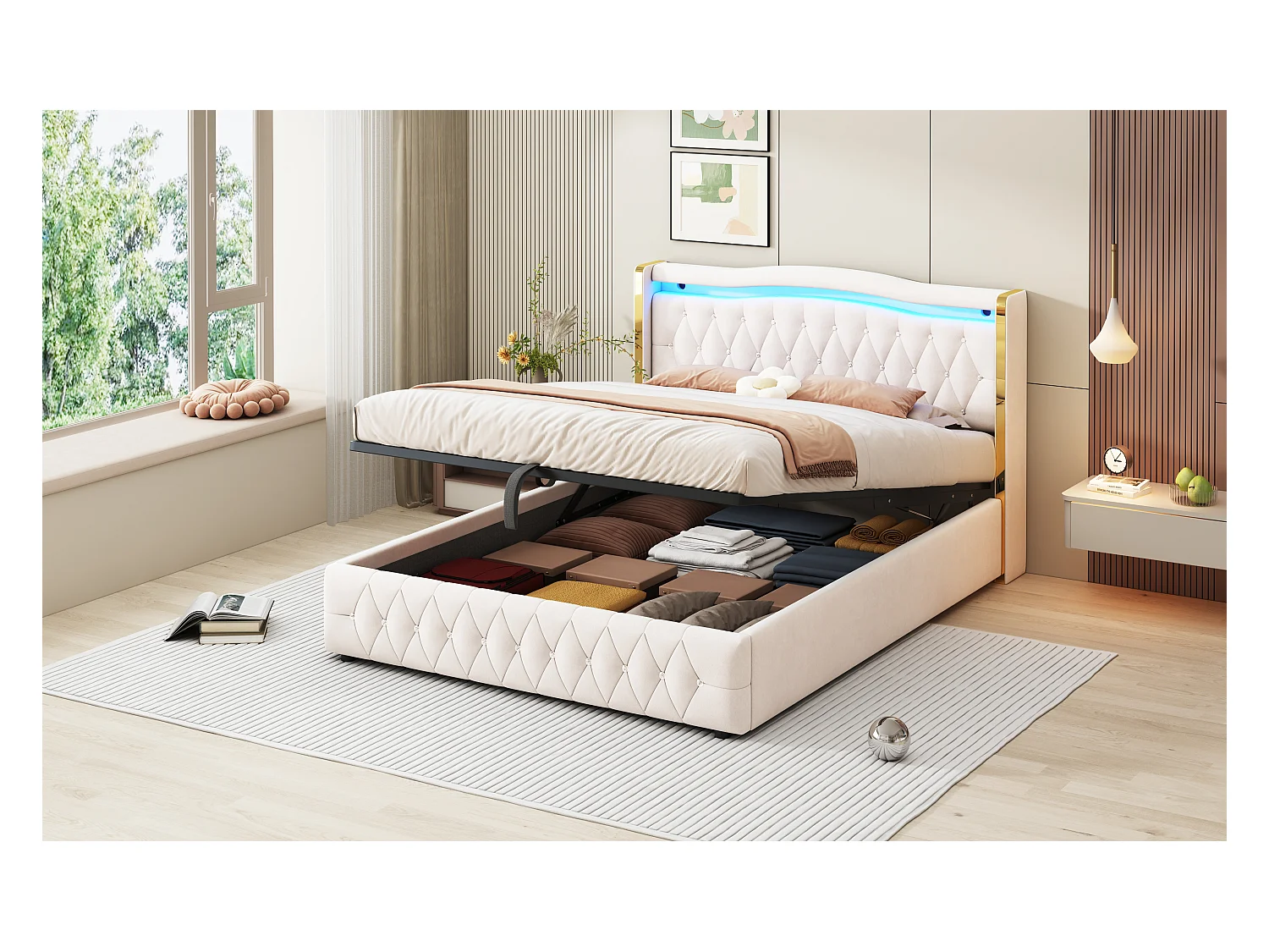 Lit double 160×200 cm, pieds larges avec rayures claires pour une stabilité optimale, éclairage LED changeant de couleur, avec système de rangement hydraulique