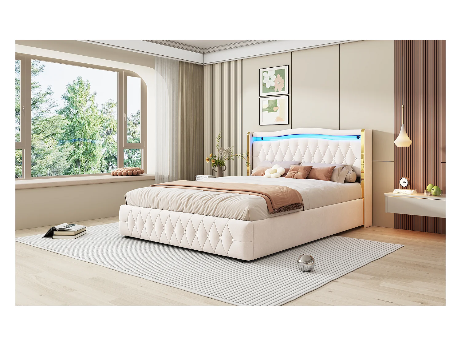 Lit double 160×200 cm, pieds larges avec rayures claires pour une stabilité optimale, éclairage LED changeant de couleur, avec système de rangement hydraulique