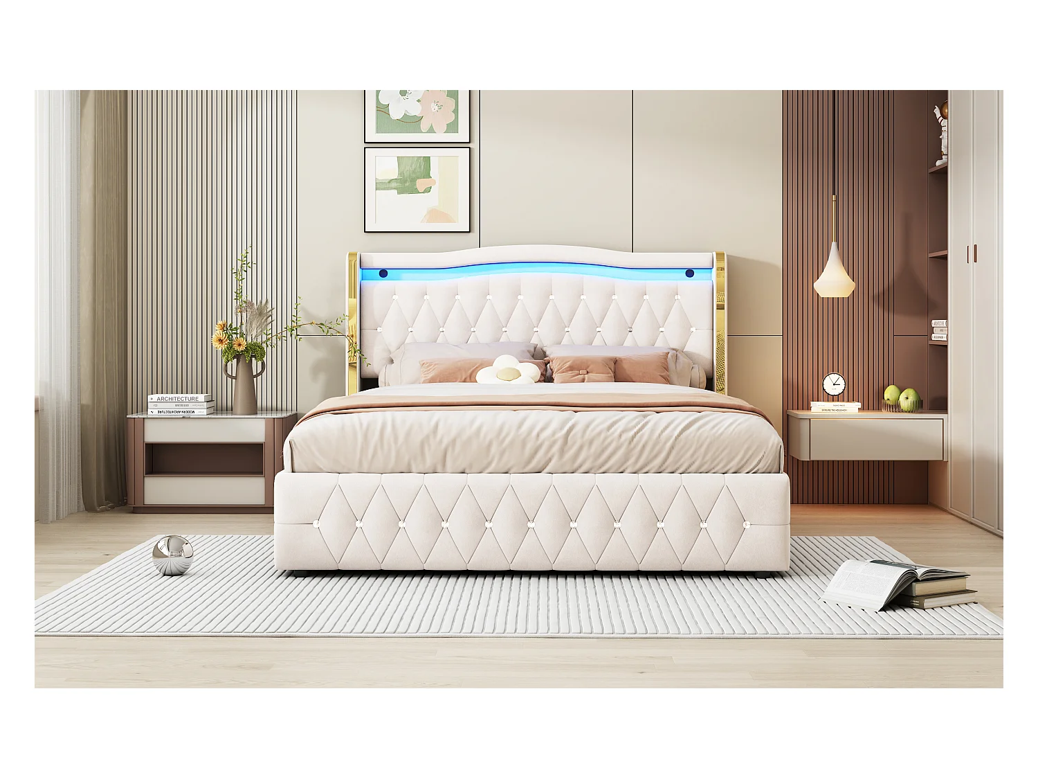 Lit double 160×200 cm, pieds larges avec rayures claires pour une stabilité optimale, éclairage LED changeant de couleur, avec système de rangement hydraulique