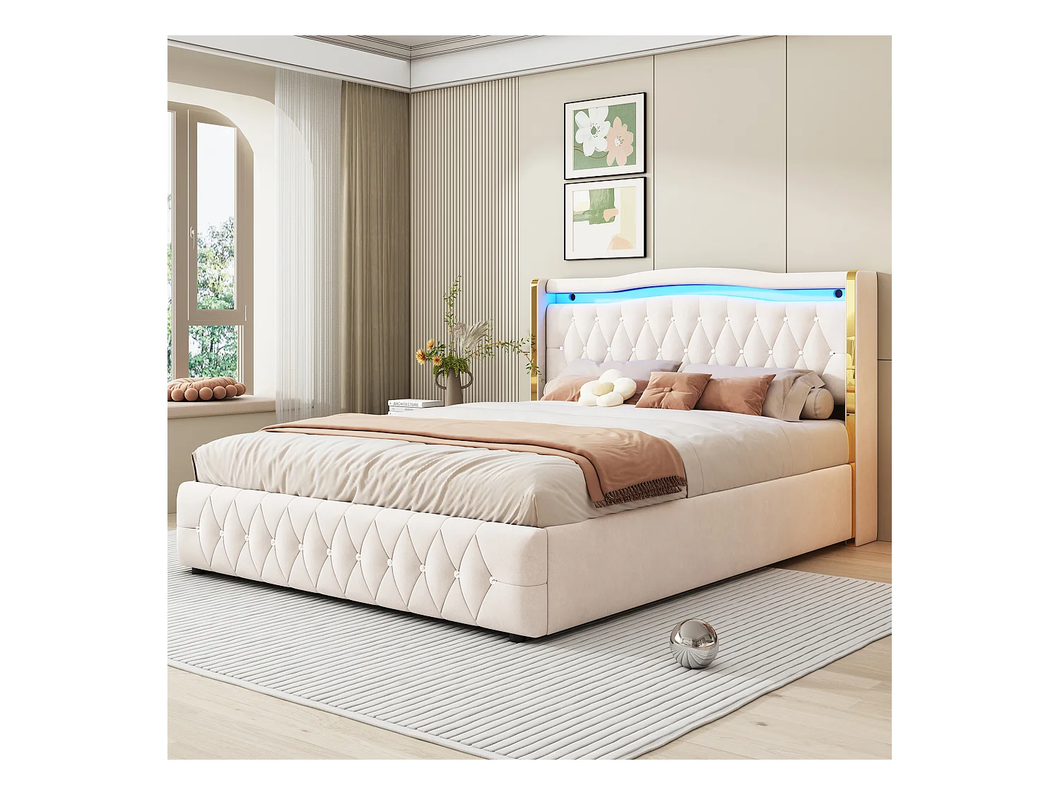 Lit double 160×200 cm, pieds larges avec rayures claires pour une stabilité optimale, éclairage LED changeant de couleur, avec système de rangement hydraulique