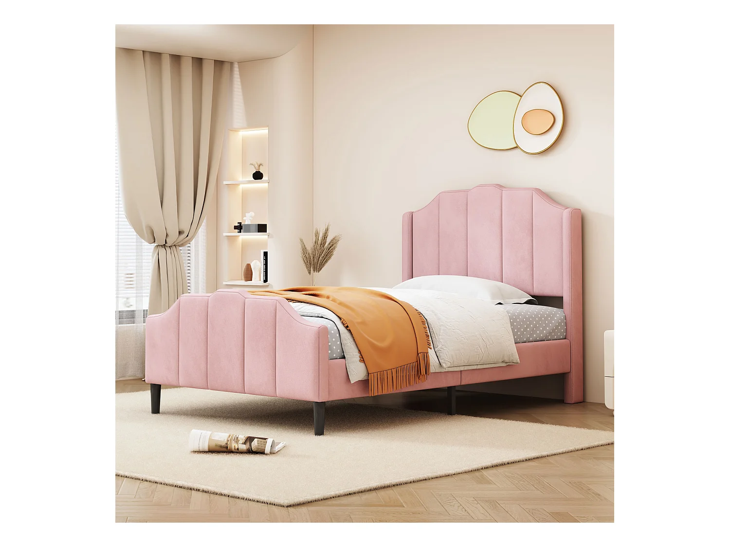 Lit enfant 90 x 200 cm avec tête et pied en velours rose, cadre robuste et lattes de soutien