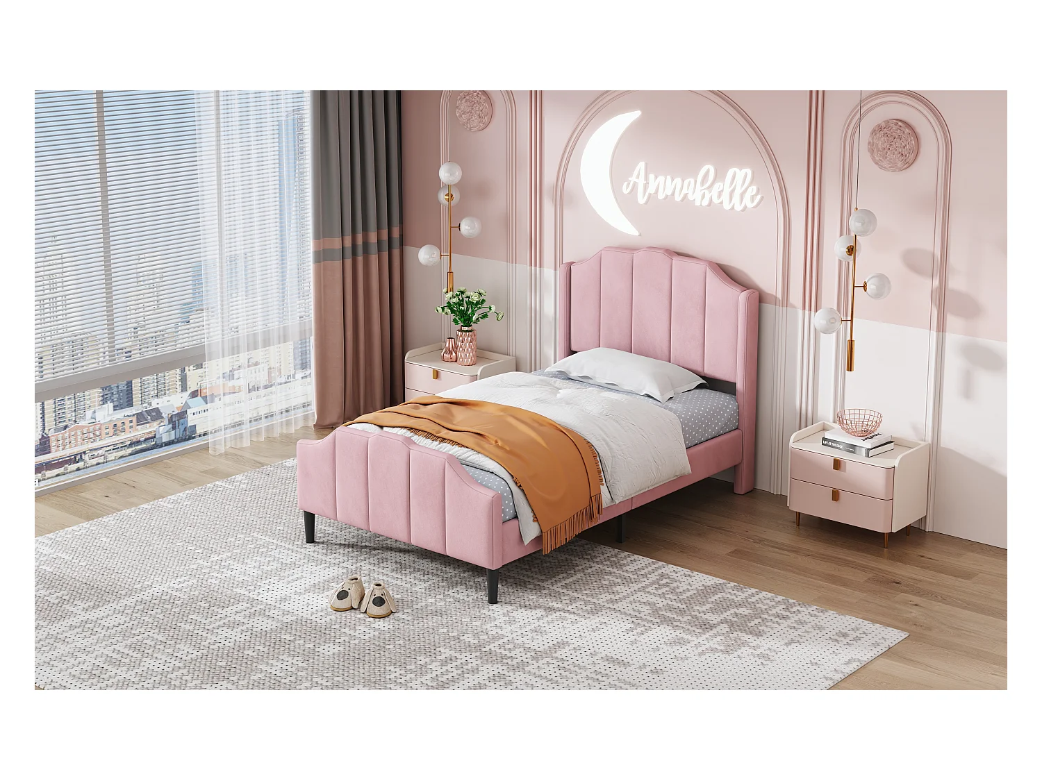 Lit enfant 90 x 200 cm avec tête et pied en velours rose, cadre robuste et lattes de soutien