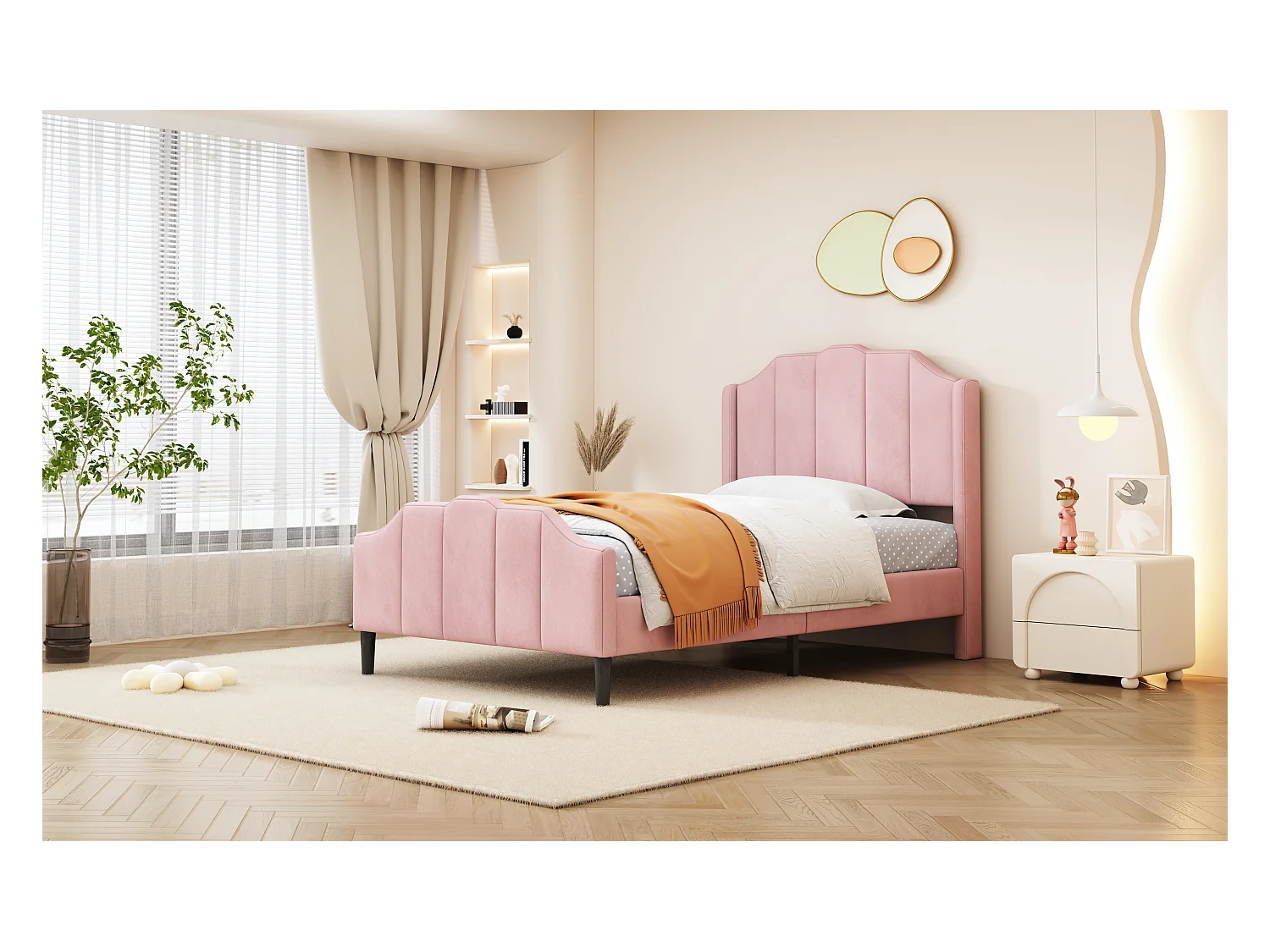 Lit enfant 90 x 200 cm avec tête et pied en velours rose, cadre robuste et lattes de soutien