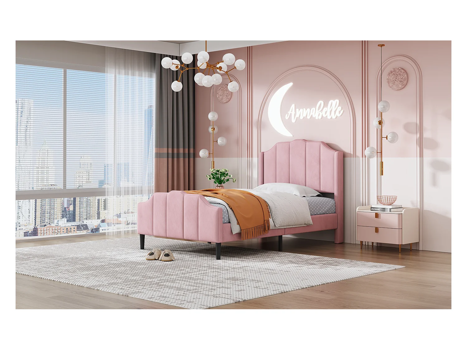 Lit enfant 90 x 200 cm avec tête et pied en velours rose, cadre robuste et lattes de soutien