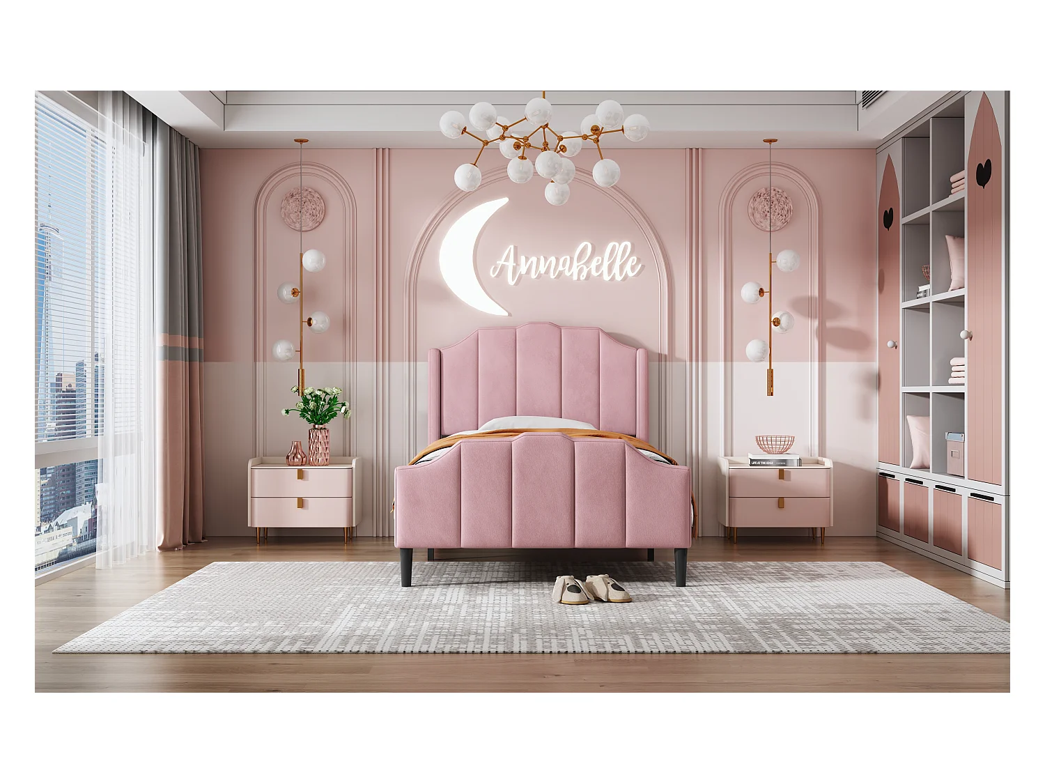 Lit enfant 90 x 200 cm avec tête et pied en velours rose, cadre robuste et lattes de soutien