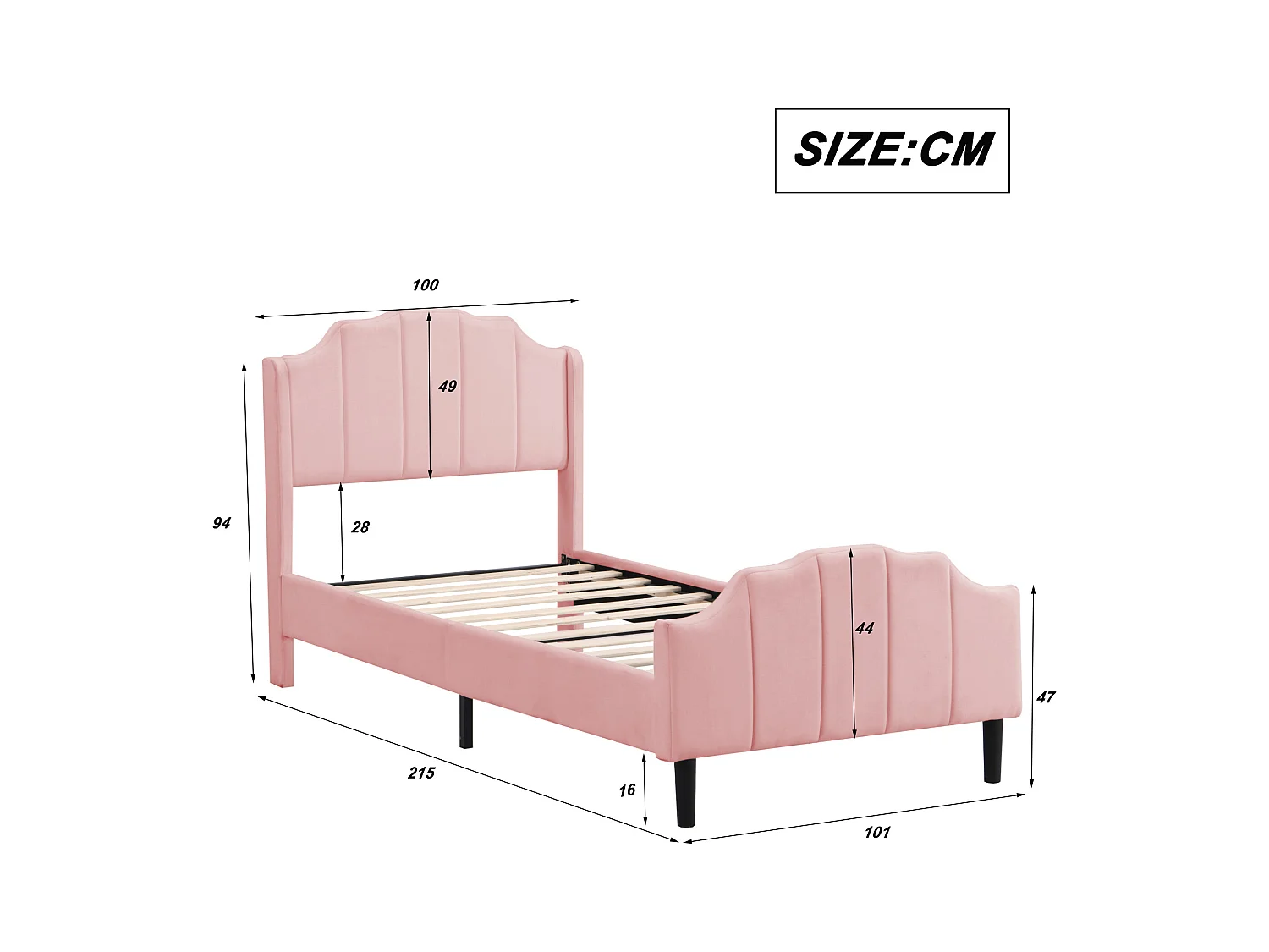Lit enfant 90 x 200 cm avec tête et pied en velours rose, cadre robuste et lattes de soutien