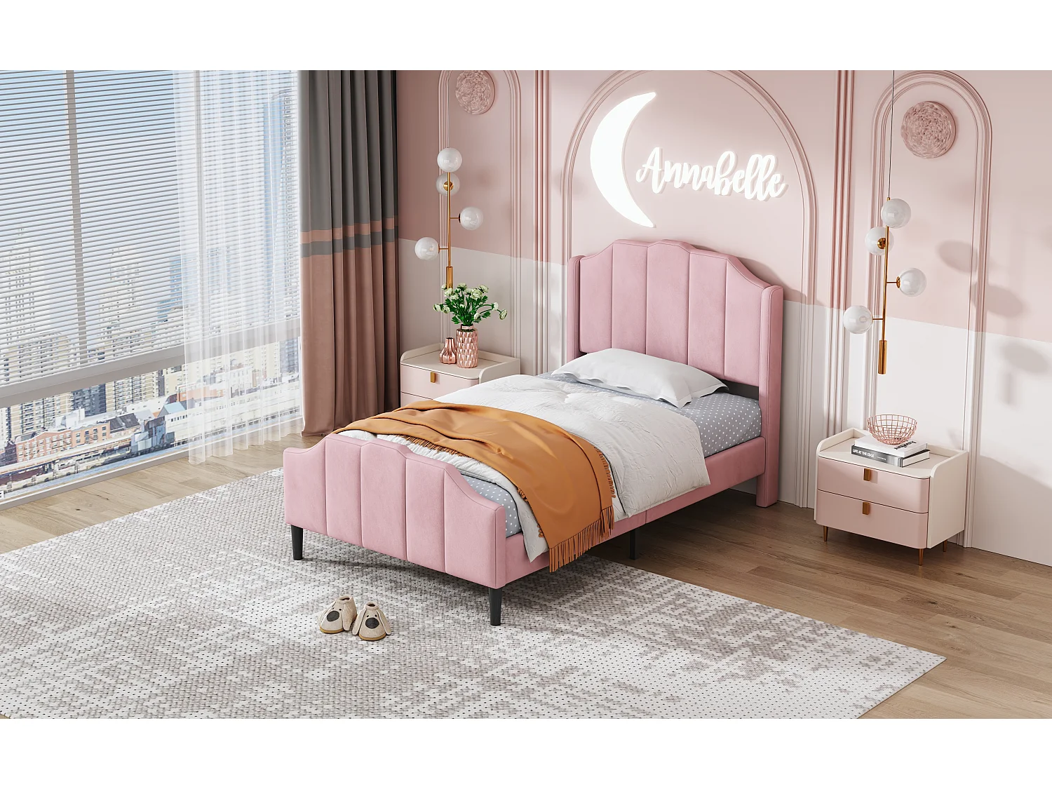 Lit enfant 90 x 200 cm avec tête et pied en velours rose, cadre robuste et lattes de soutien