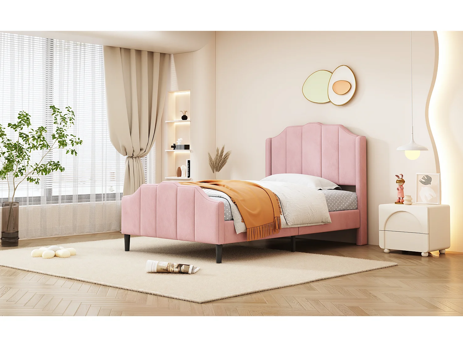 Lit enfant 90 x 200 cm avec tête et pied en velours rose, cadre robuste et lattes de soutien