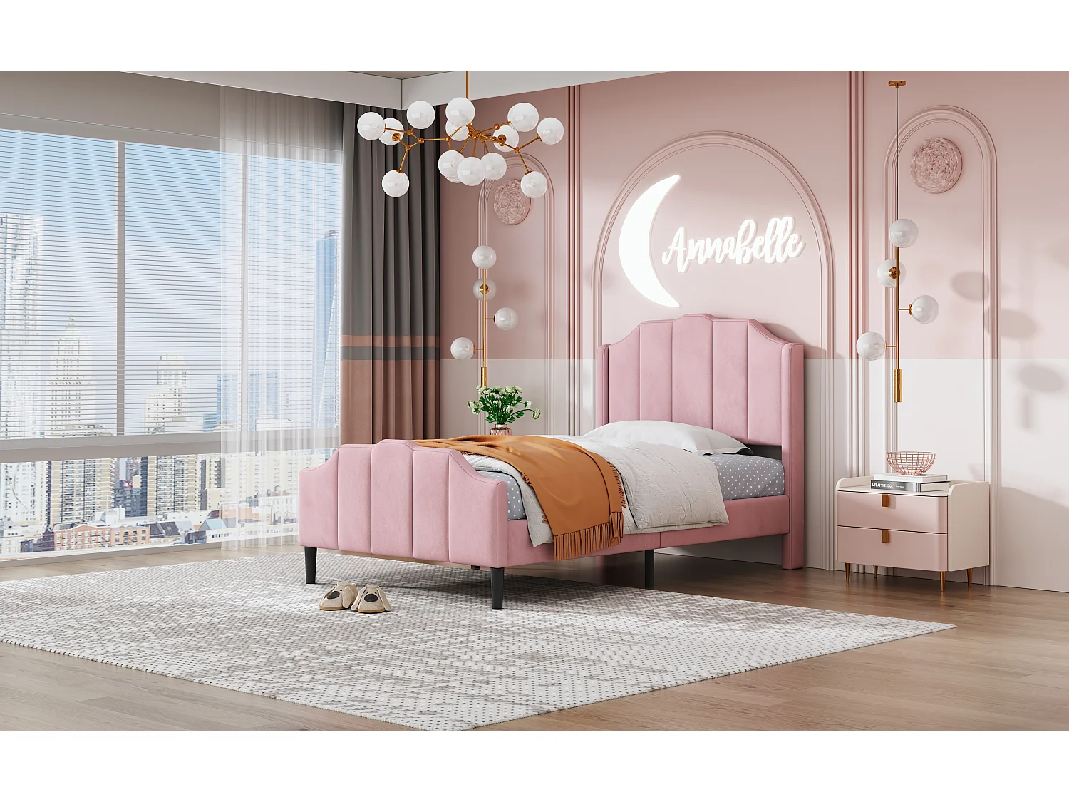 Lit enfant 90 x 200 cm avec tête et pied en velours rose, cadre robuste et lattes de soutien