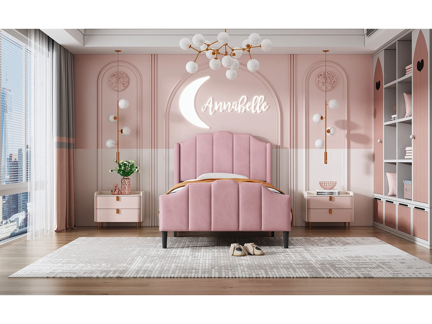 Lit enfant 90 x 200 cm avec tête et pied en velours rose, cadre robuste et lattes de soutien