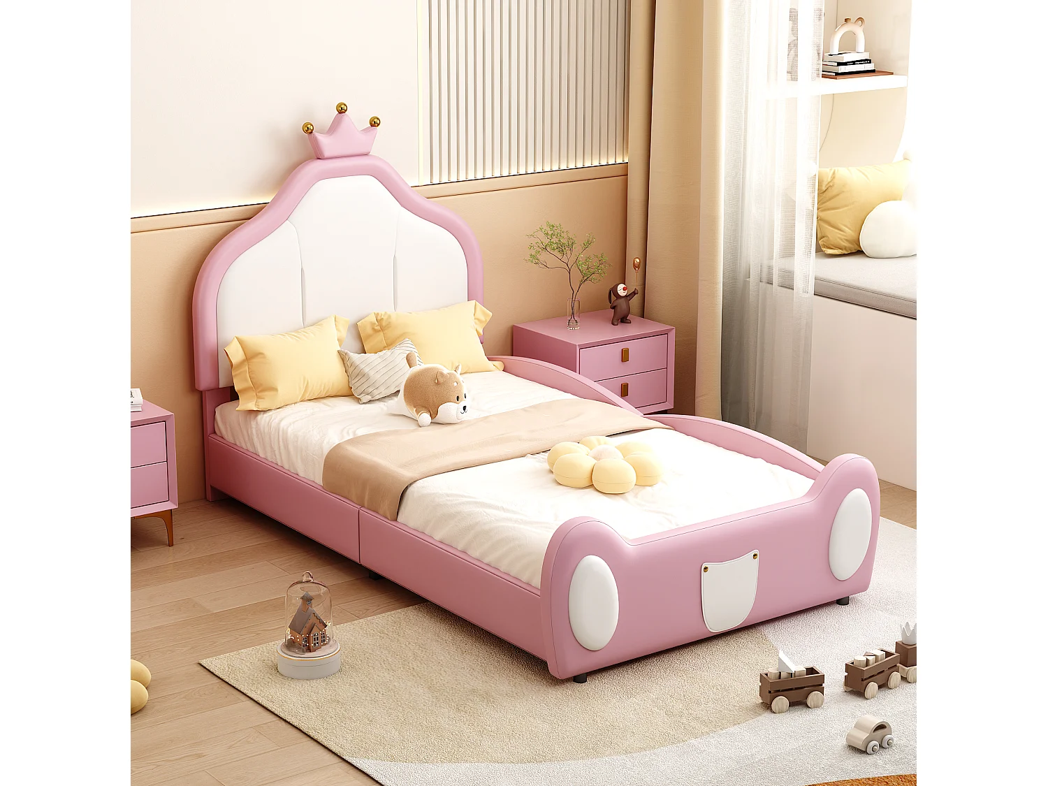 Lit enfant rembourré 90x200 cm, tête avec couronne, design enfant, PU cuir rose, lit avec rangement