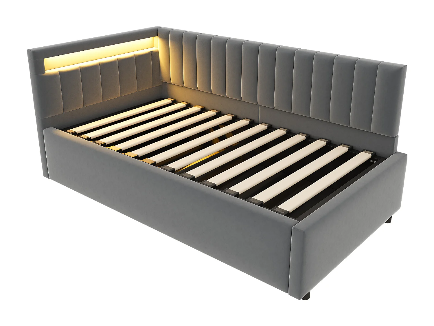 Lit/Sofa-lit 90x200 cm, gris, avec éclairage LED et rangement hydraulique, design classique à rayures verticales