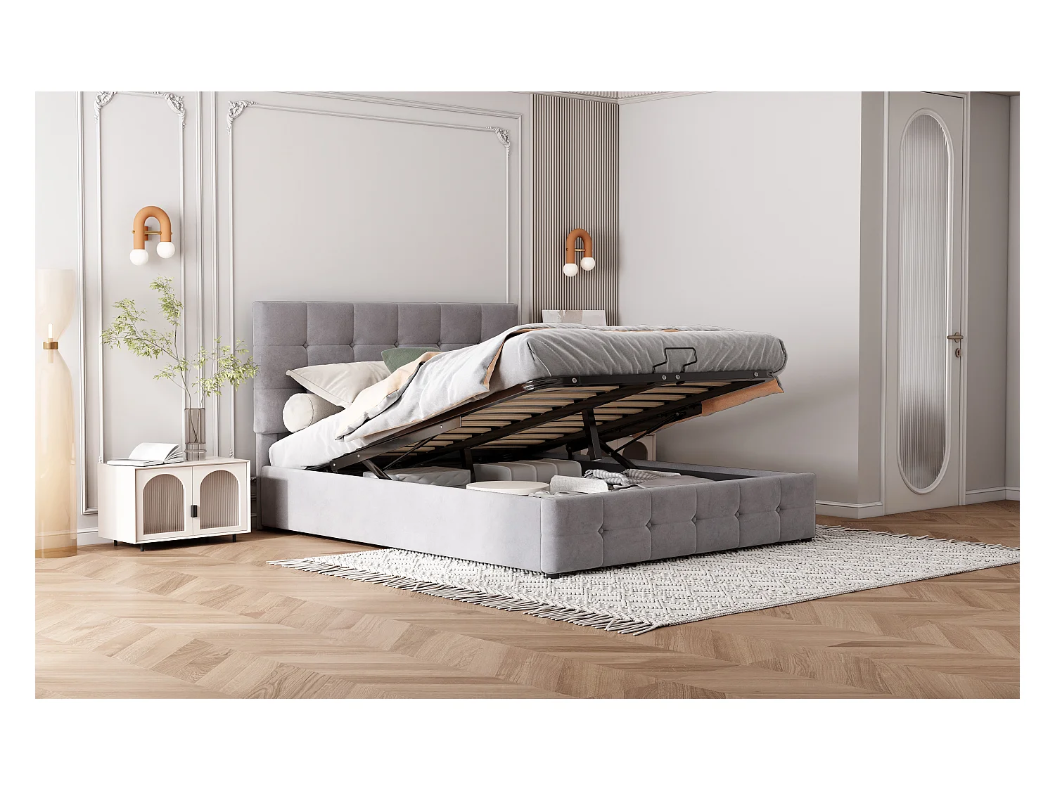 Lit rembourré 140x200 cm avec rangement hydraulique, tête réglable, sommier métal, velours gris, lit adulte