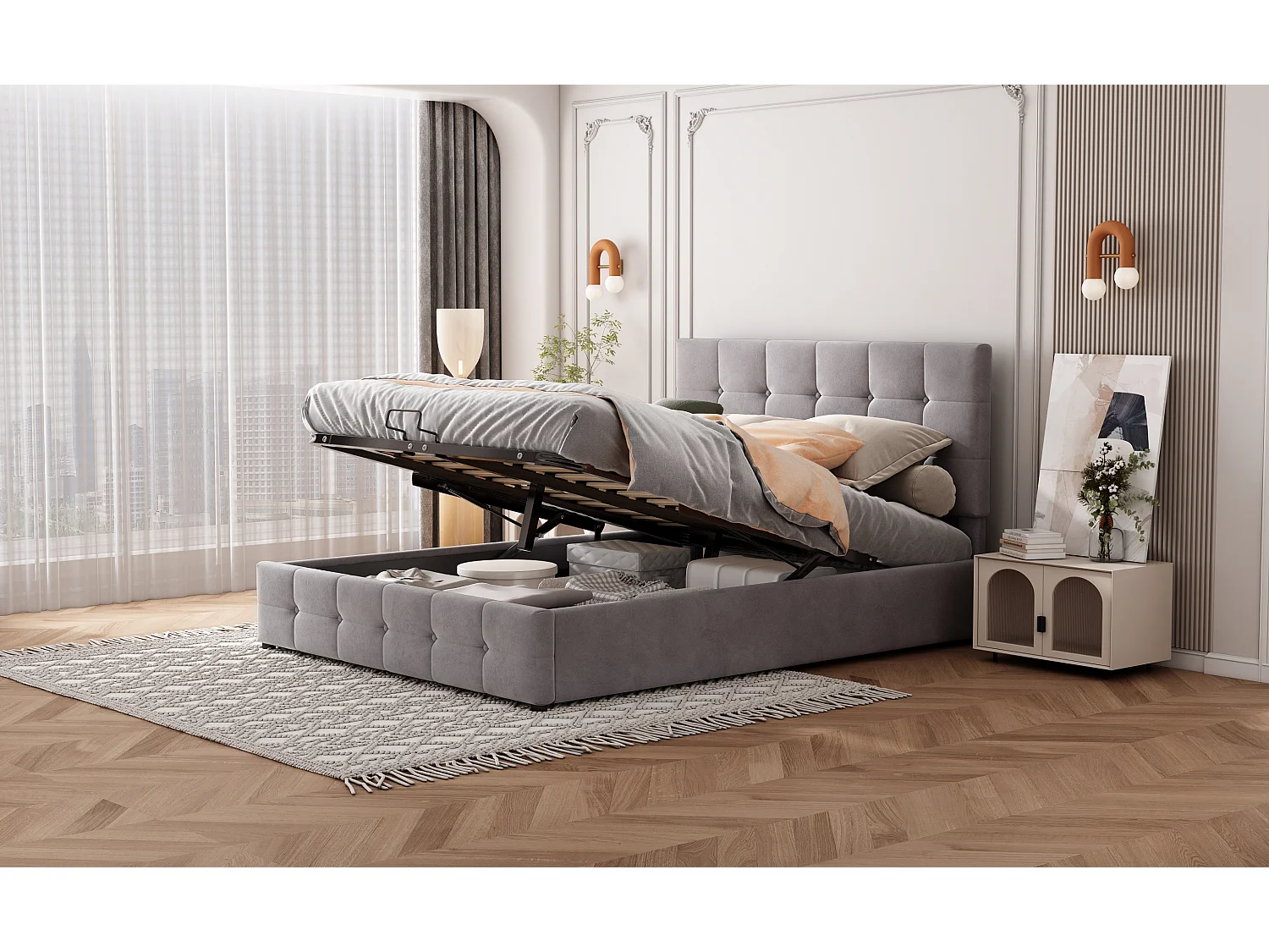 Lit rembourré 140x200 cm avec rangement hydraulique, tête réglable, sommier métal, velours gris, lit adulte