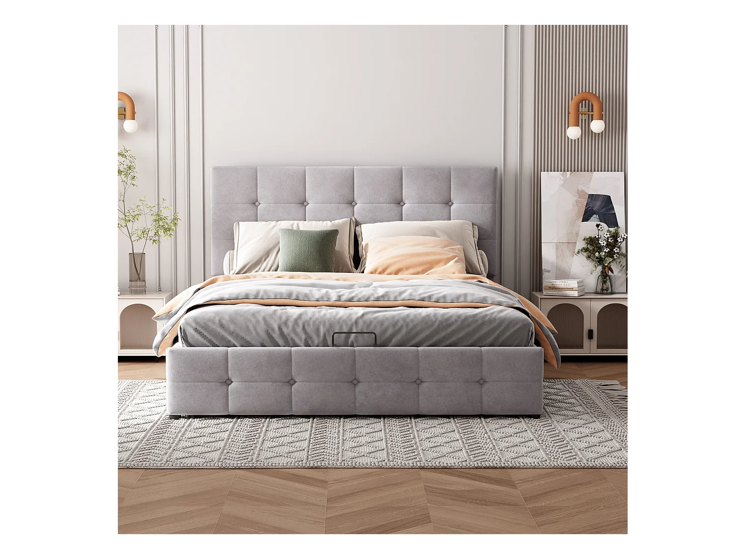Lit rembourré 140x200 cm avec rangement hydraulique, tête réglable, sommier métal, velours gris, lit adulte