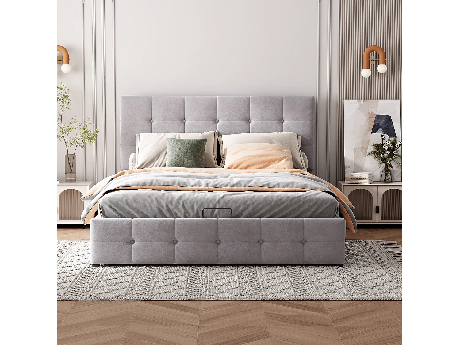 Lit rembourré 140x200 cm avec rangement hydraulique, tête réglable, sommier métal, velours gris, lit adulte