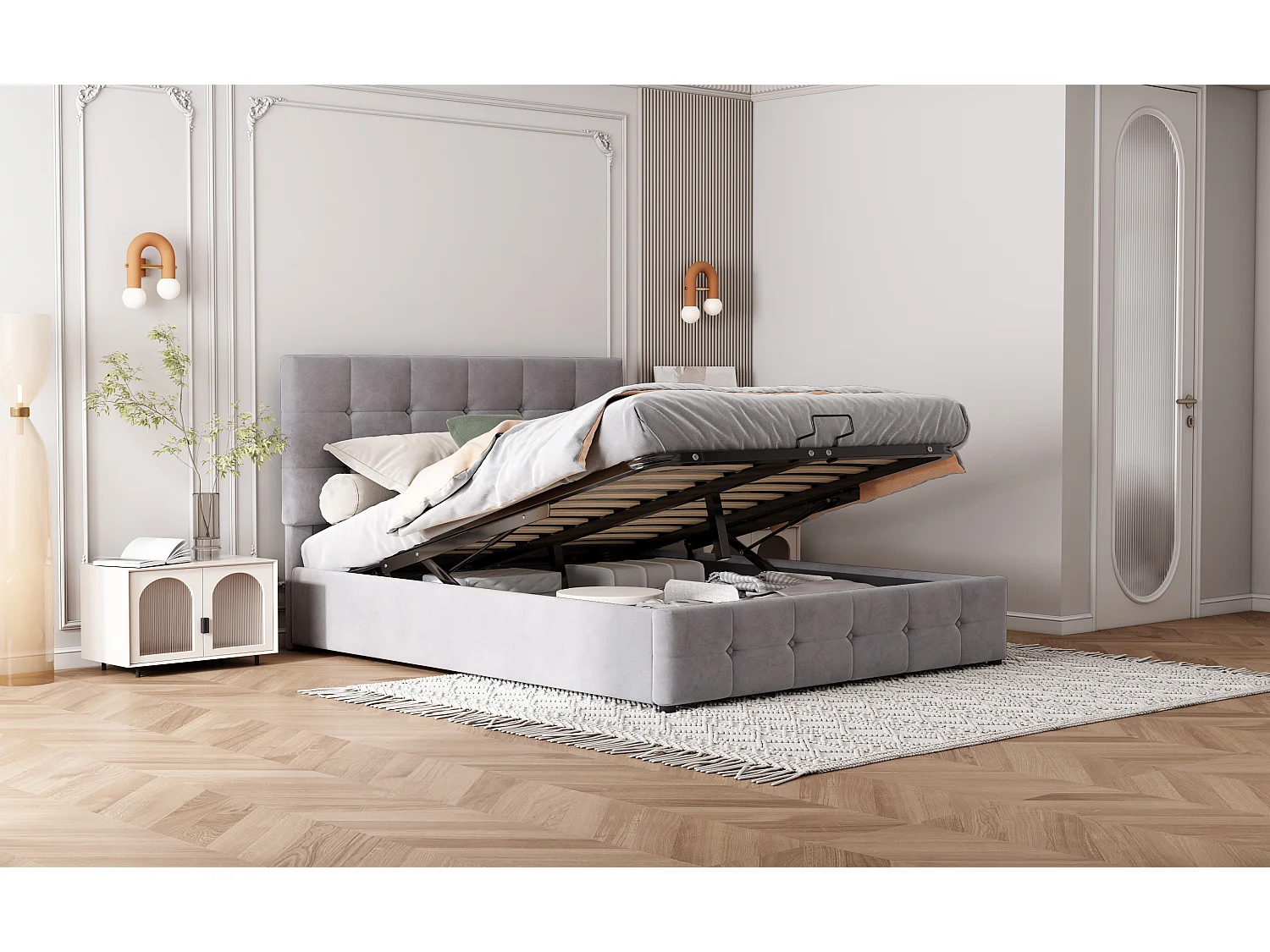 Lit rembourré 140x200 cm avec rangement hydraulique, tête réglable, sommier métal, velours gris, lit adulte