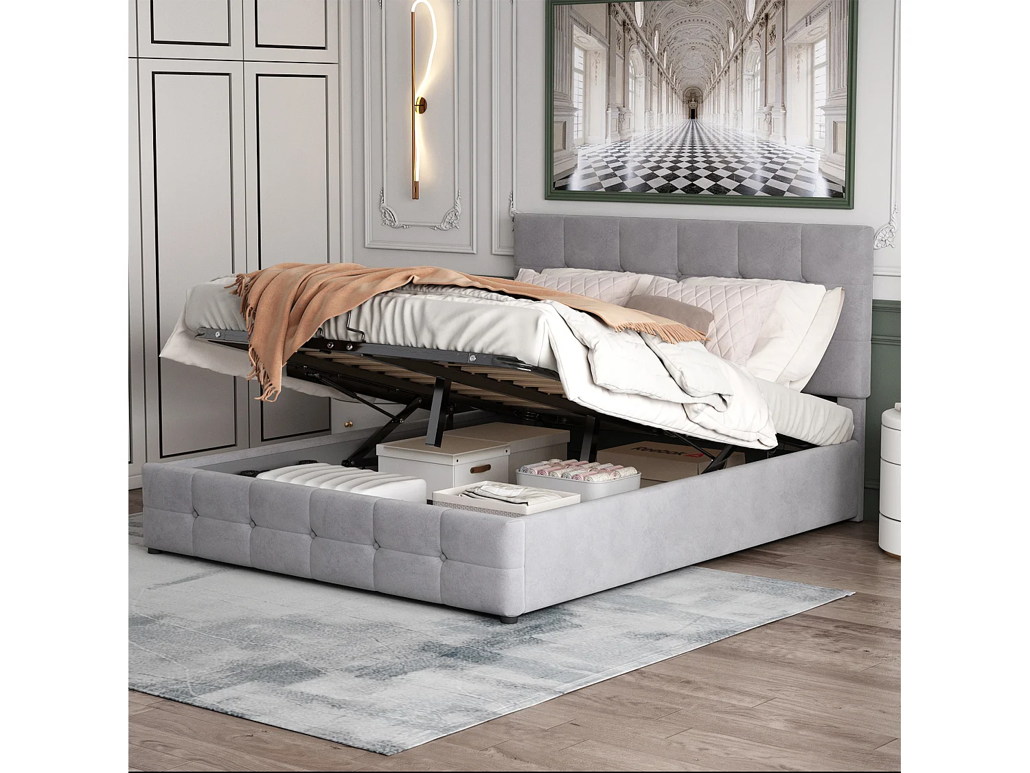 Lit rembourré 140x200 cm avec rangement hydraulique, tête réglable, sommier métal, velours gris, lit adulte