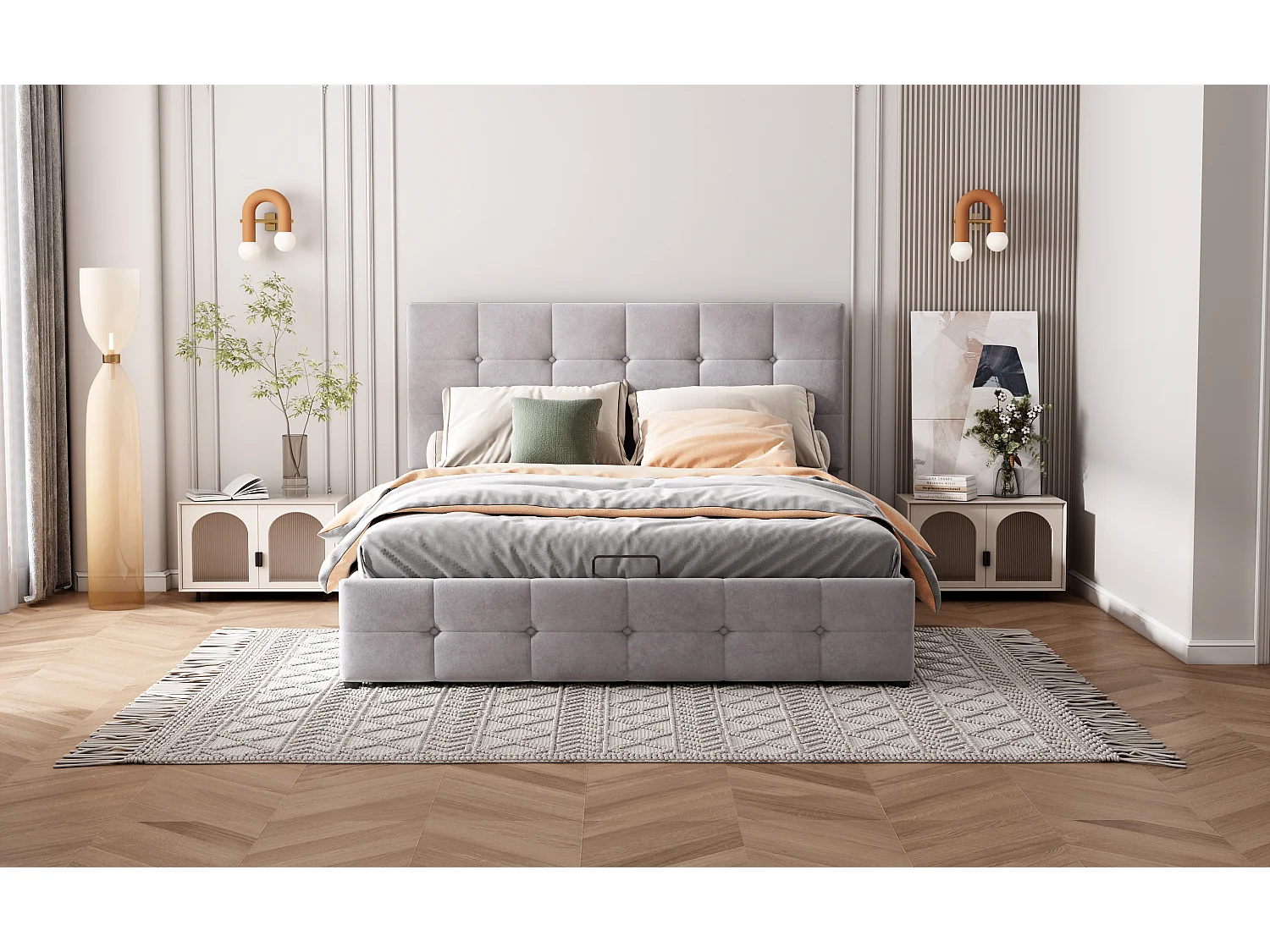 Lit rembourré 140x200 cm avec rangement hydraulique, tête réglable, sommier métal, velours gris, lit adulte