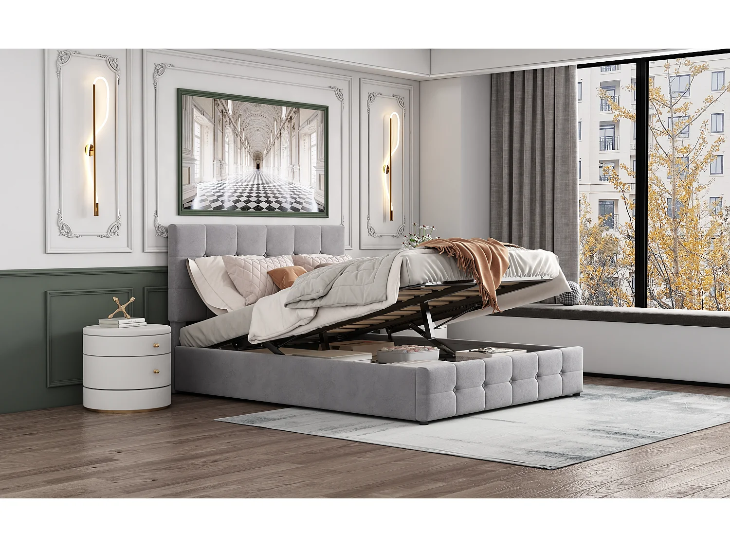 Lit rembourré 140x200 cm avec rangement hydraulique, tête réglable, sommier métal, velours gris, lit adulte