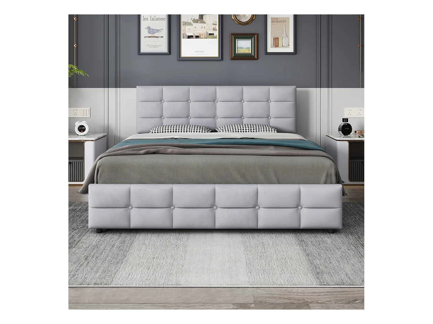 Lit rembourré 180x200 cm avec 4 tiroirs, sommier inclus, velours gris, adulte et adolescent