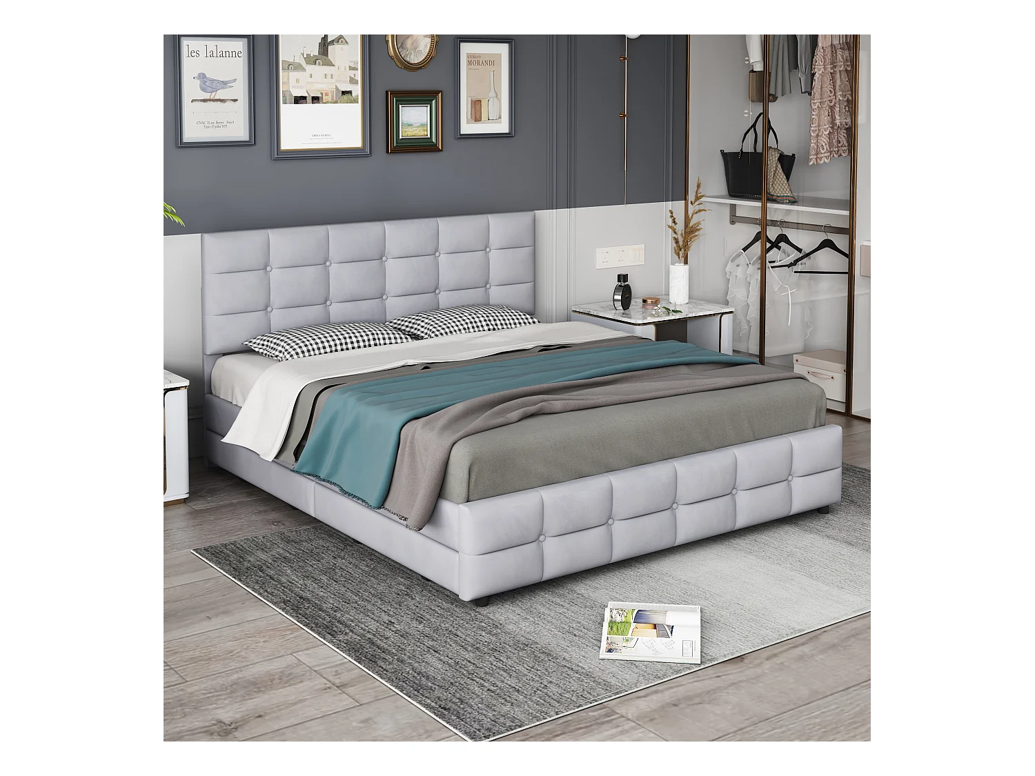 Lit rembourré 180x200 cm avec 4 tiroirs, sommier inclus, velours gris, adulte et adolescent