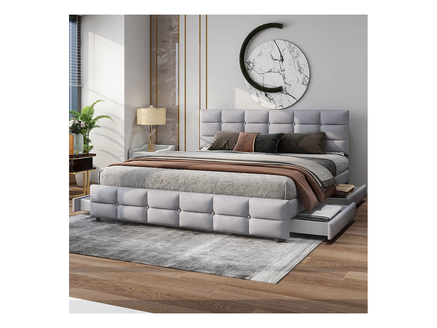 Lit rembourré 180x200 cm avec 4 tiroirs, sommier inclus, velours gris, adulte et adolescent