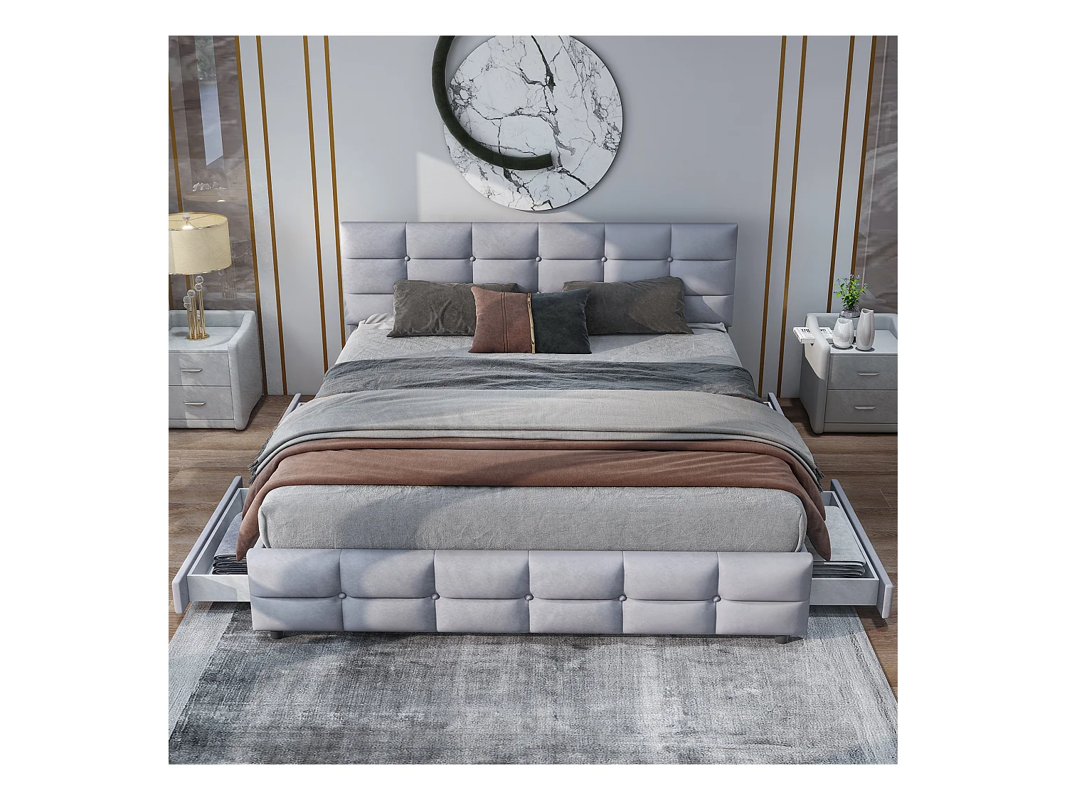 Lit rembourré 180x200 cm avec 4 tiroirs, sommier inclus, velours gris, adulte et adolescent