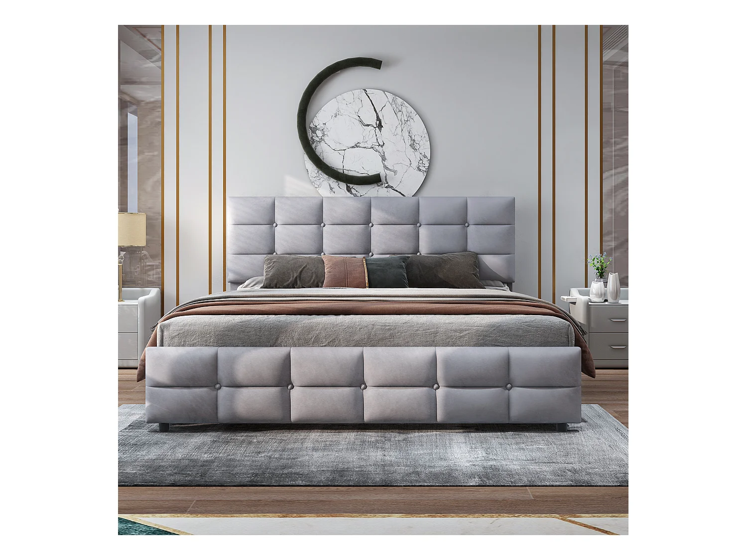 Lit rembourré 180x200 cm avec 4 tiroirs, sommier inclus, velours gris, adulte et adolescent