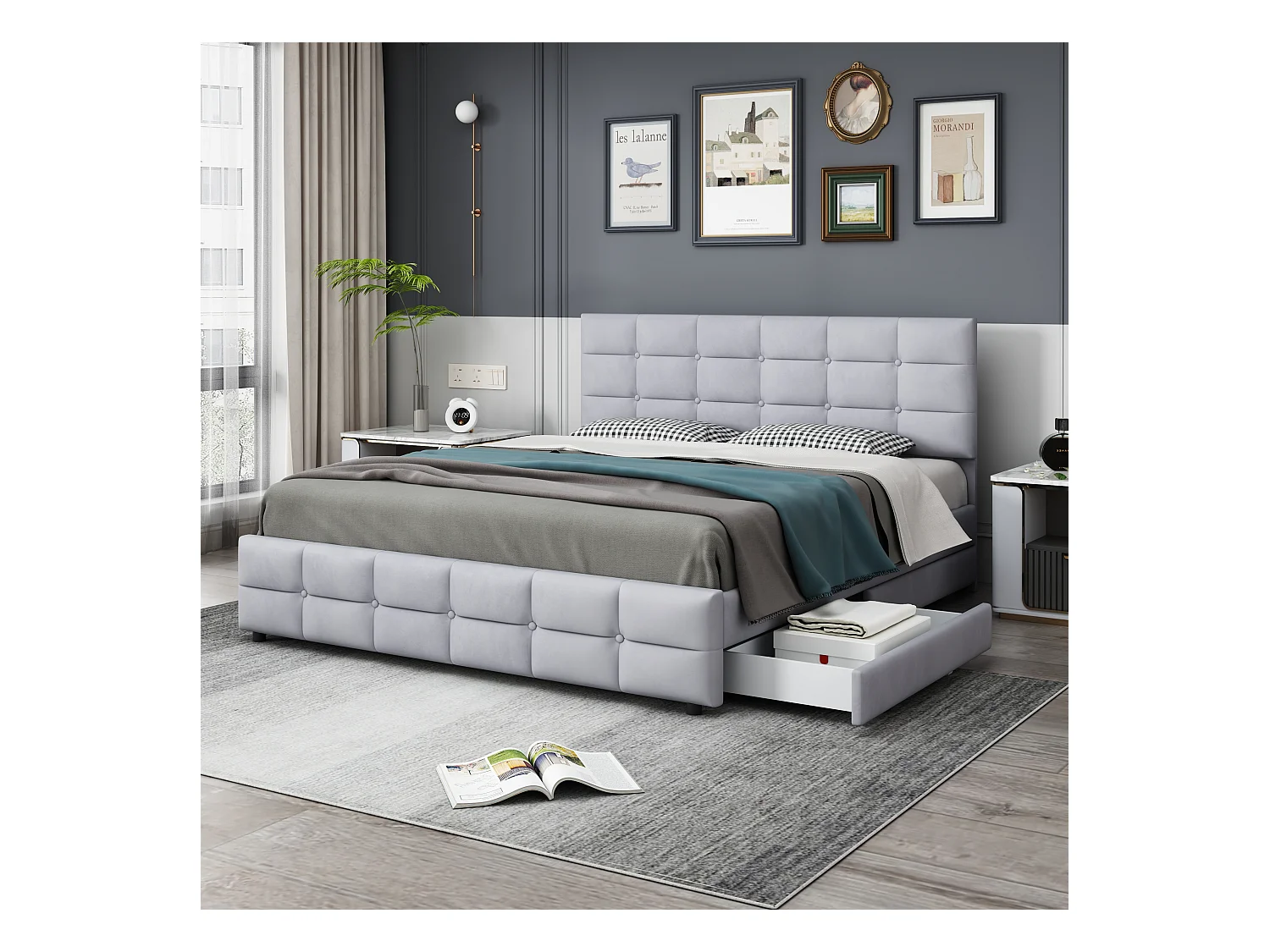 Lit rembourré 180x200 cm avec 4 tiroirs, sommier inclus, velours gris, adulte et adolescent