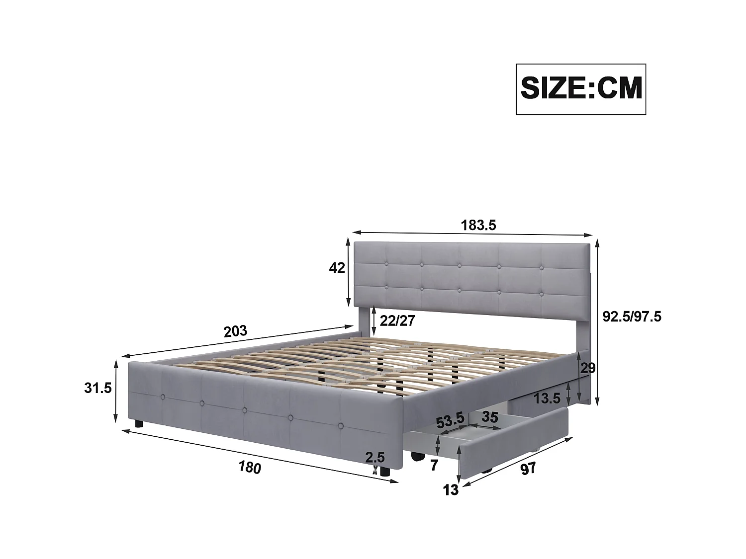 Lit rembourré 180x200 cm avec 4 tiroirs, sommier inclus, velours gris, adulte et adolescent