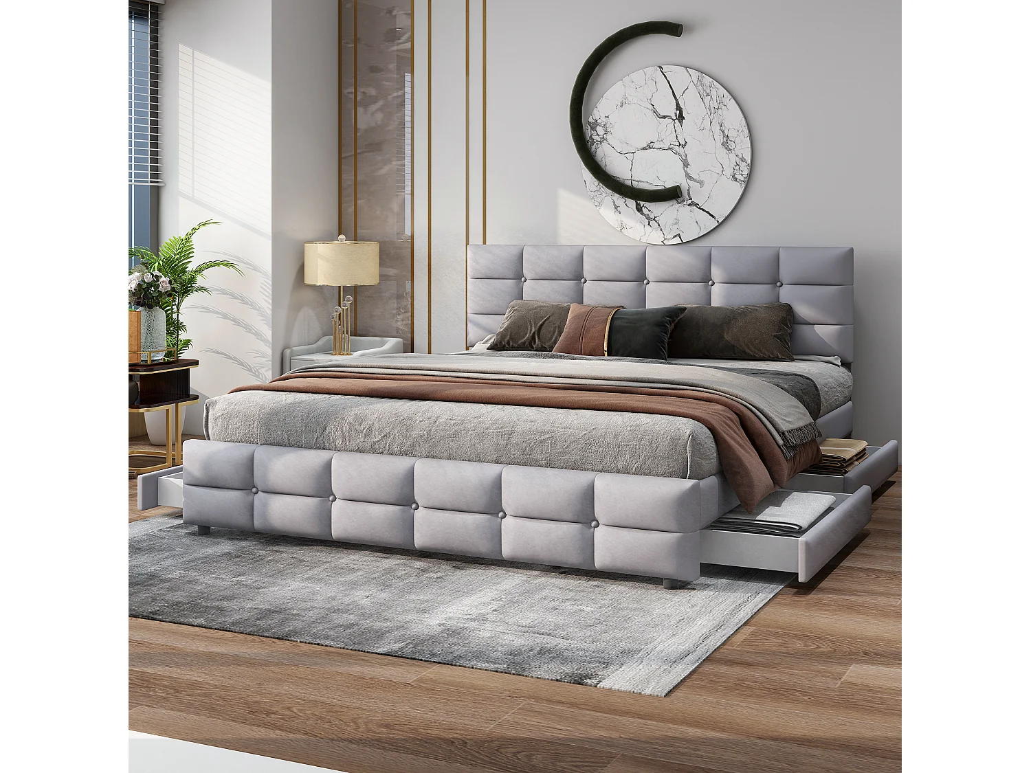 Lit rembourré 180x200 cm avec 4 tiroirs, sommier inclus, velours gris, adulte et adolescent