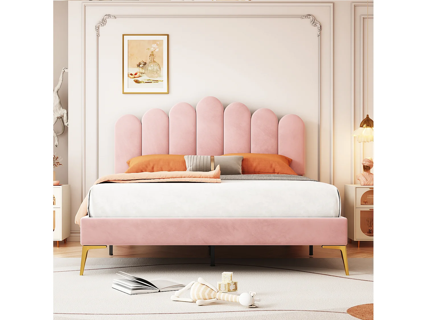 Lit rembourré 140x200 cm avec tête et sommier, velours rose, lit adulte ou junior, couchage supplémentaire