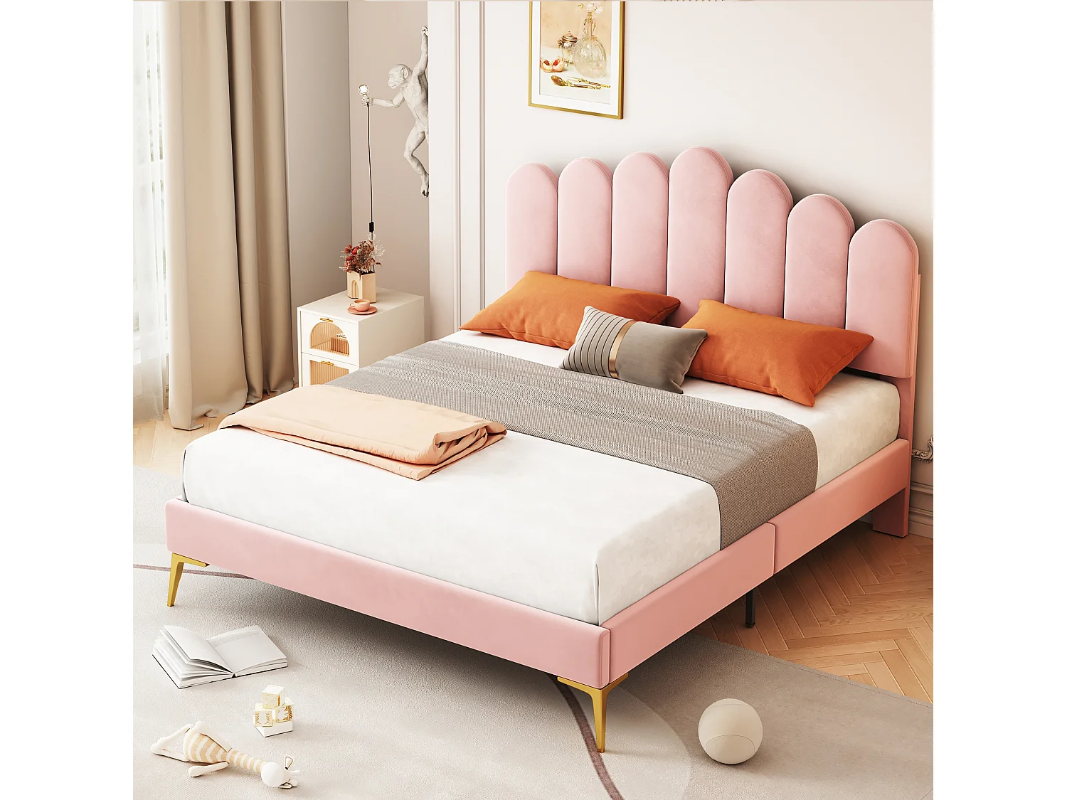 Lit rembourré 140x200 cm avec tête et sommier, velours rose, lit adulte ou junior, couchage supplémentaire