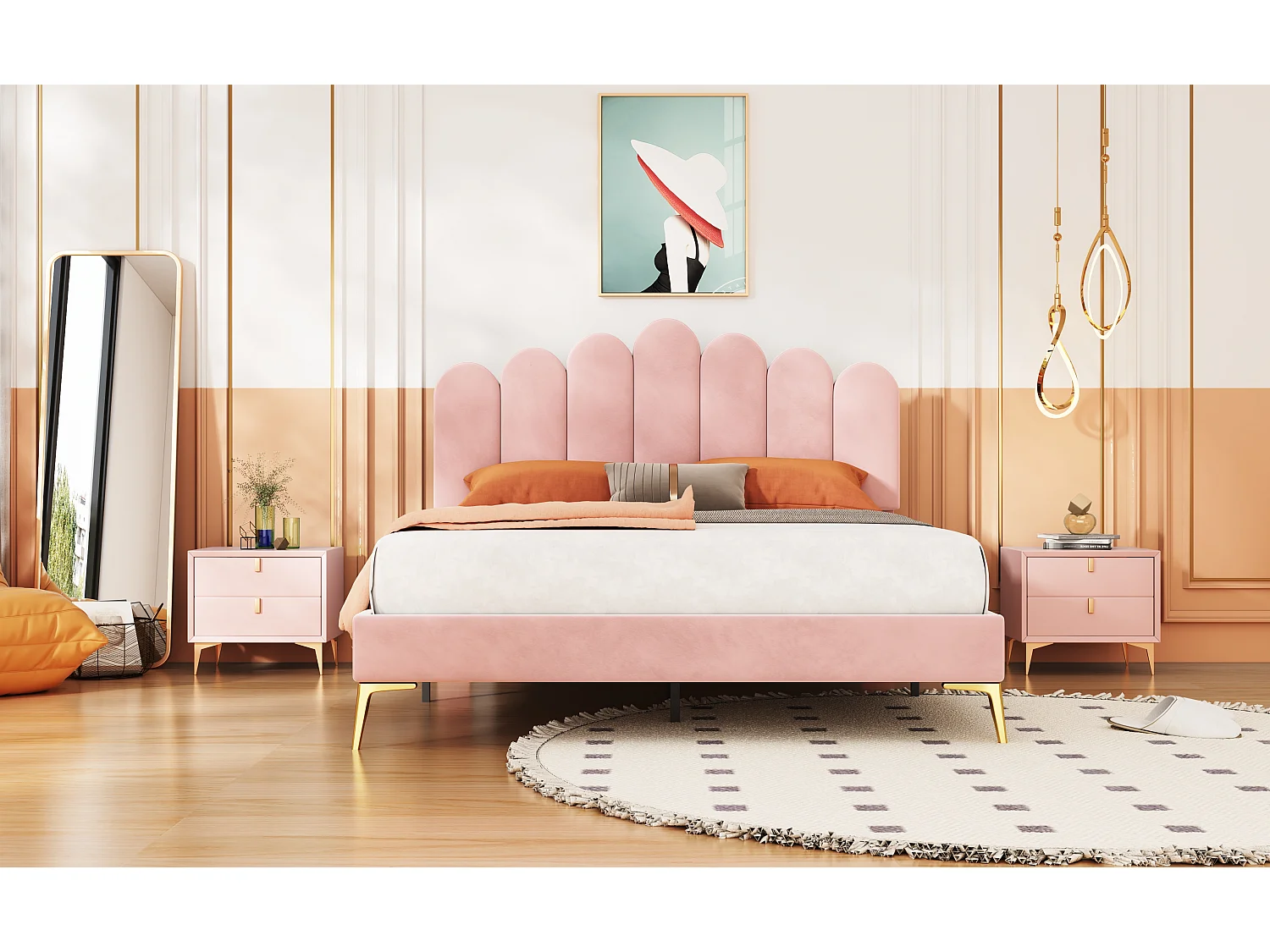 Lit rembourré 140x200 cm avec tête et sommier, velours rose, lit adulte ou junior, couchage supplémentaire