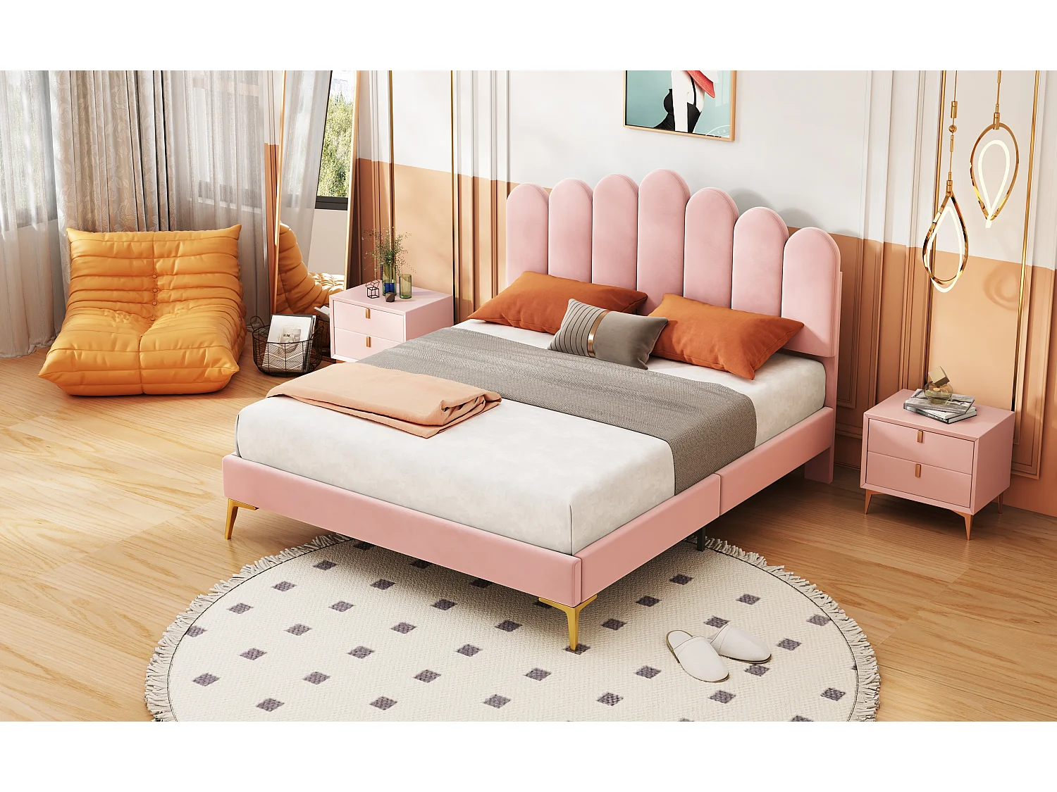 Lit rembourré 140x200 cm avec tête et sommier, velours rose, lit adulte ou junior, couchage supplémentaire